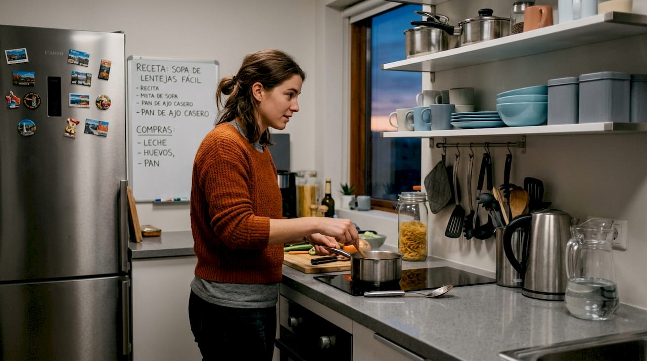 Los huéspedes se reúnen para cocinar juntos en la cocina del hostal, compartiendo recetas y buenos momentos.