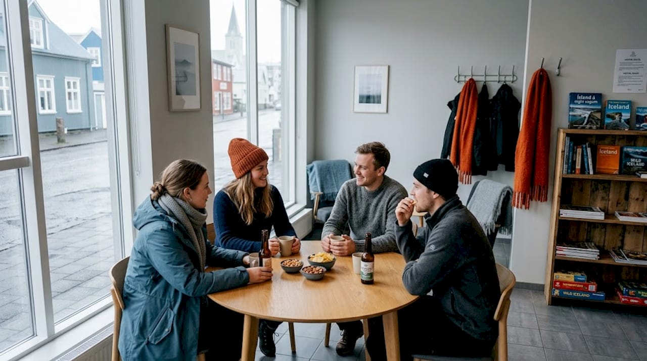 Un grupo de viajeros comparte historias y risas en la sala común de un albergue en Islandia.