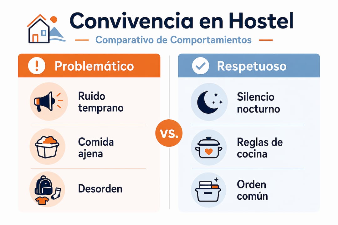 Infografía que muestra las diferencias entre una convivencia armoniosa en el hostel y situaciones conflictivas o problemáticas.