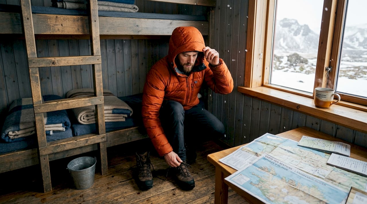 Un voyageur solitaire prépare son sac dans la chambre d’une auberge.