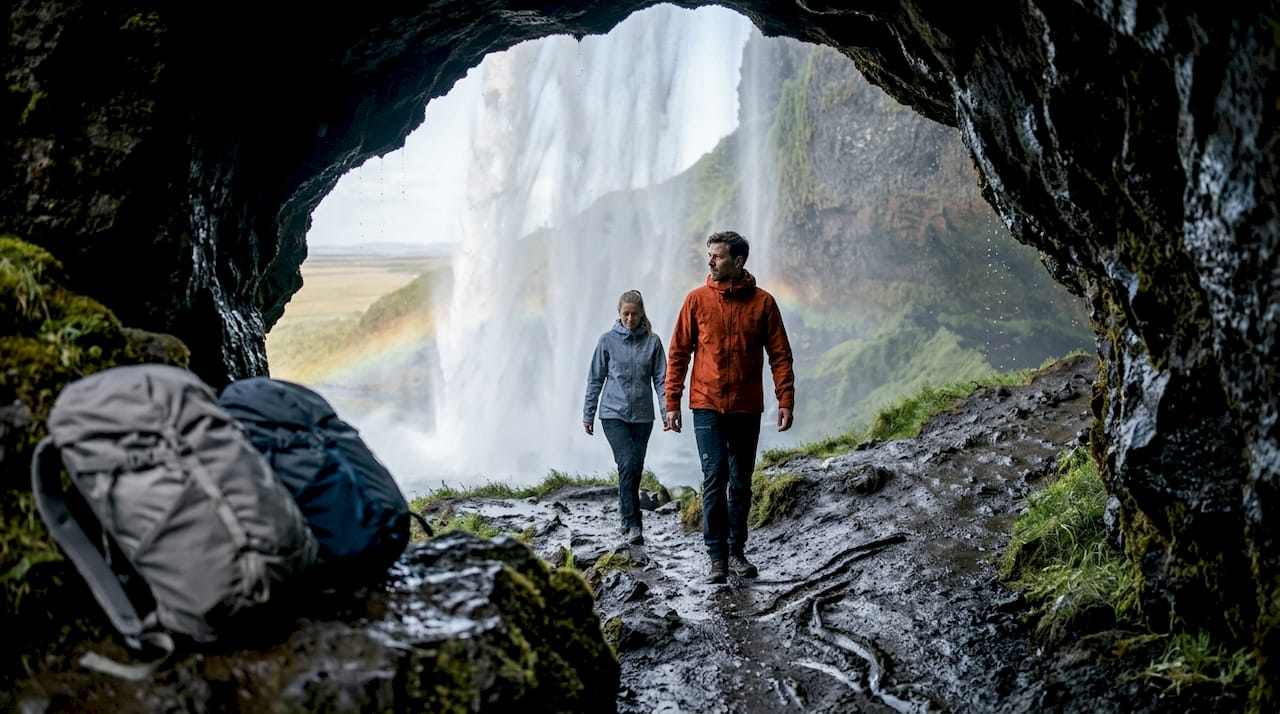 Escursionisti camminano dietro la cascata Seljalandsfoss, affrontando un sentiero scivoloso.