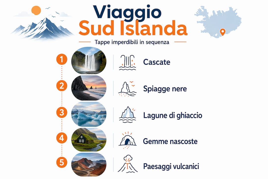 Infografica con itinerario di viaggio nel sud dell’Islanda