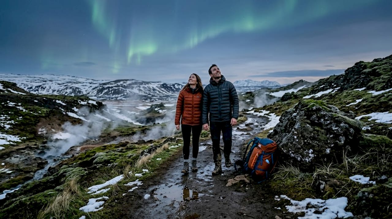 Winterwanderer in Island genießen die Stille der verschneiten Landschaft, während am Himmel zarte Nordlichter tanzen.