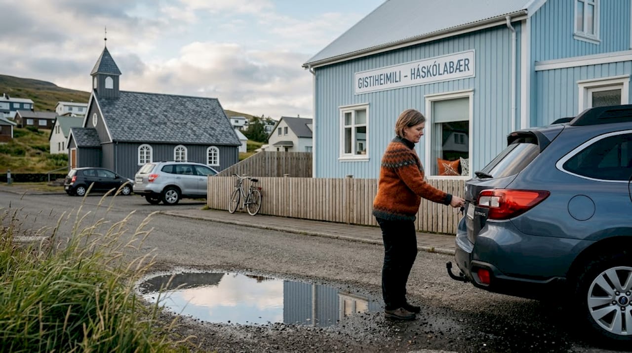 Une femme ouvre sa voiture garée devant une maison d’hôtes, sur la rue principale.