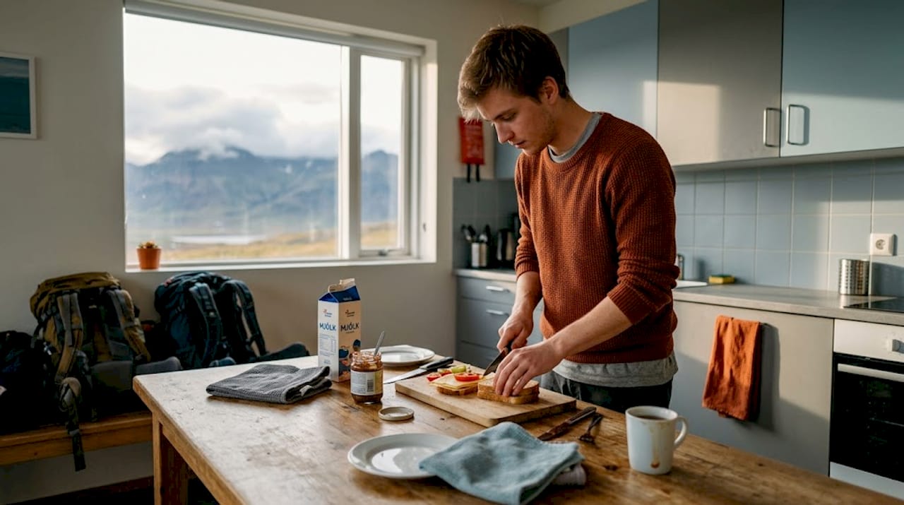 Un viajero prepara su comida en la cocina de un hostal, ambientado al estilo basecamp de Islandia.