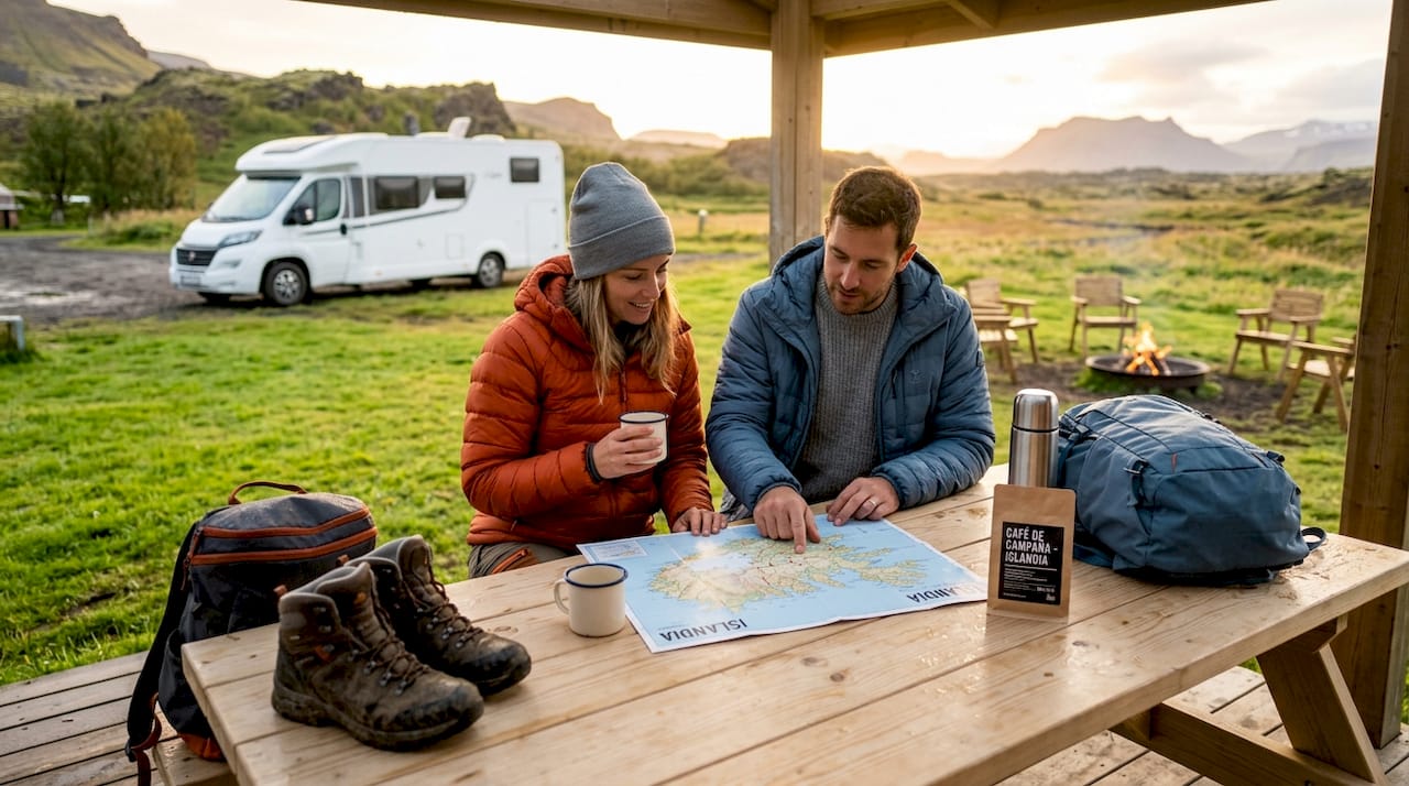 Un grupo de viajeros monta su campamento base en un camping de Islandia.
