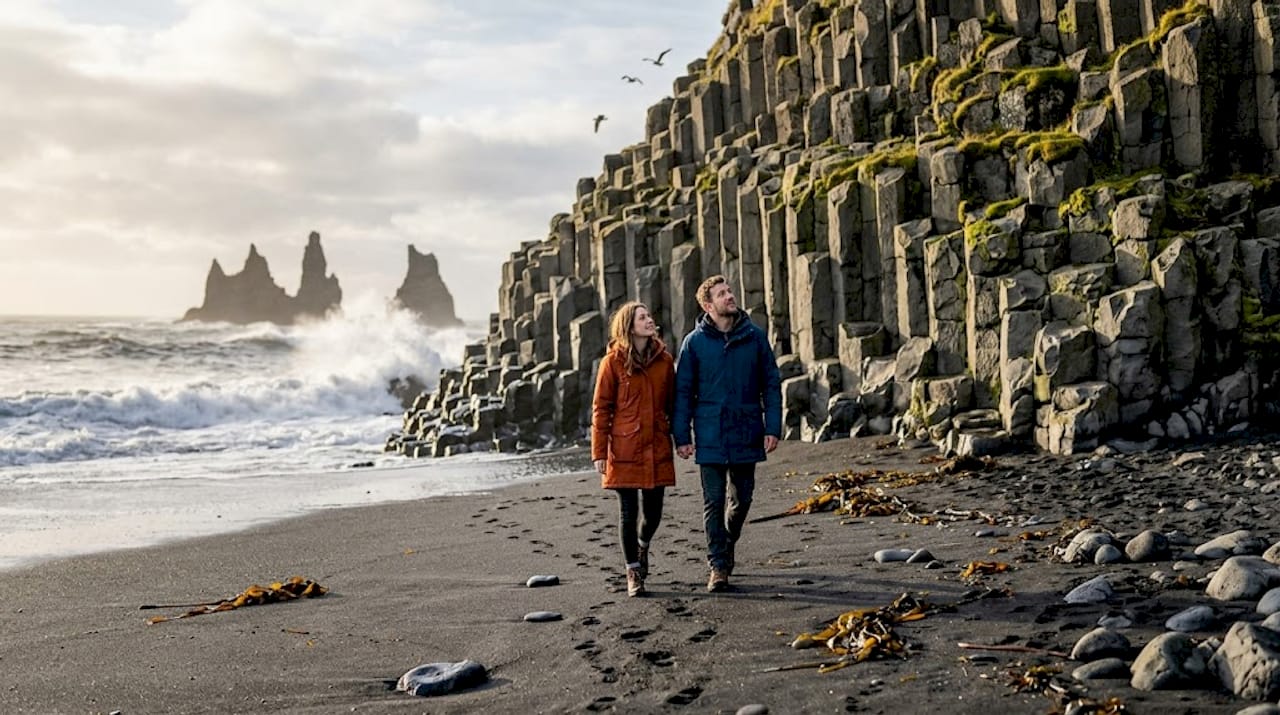 Un couple admire la plage de Reynisfjara et ses impressionnants rochers noirs.