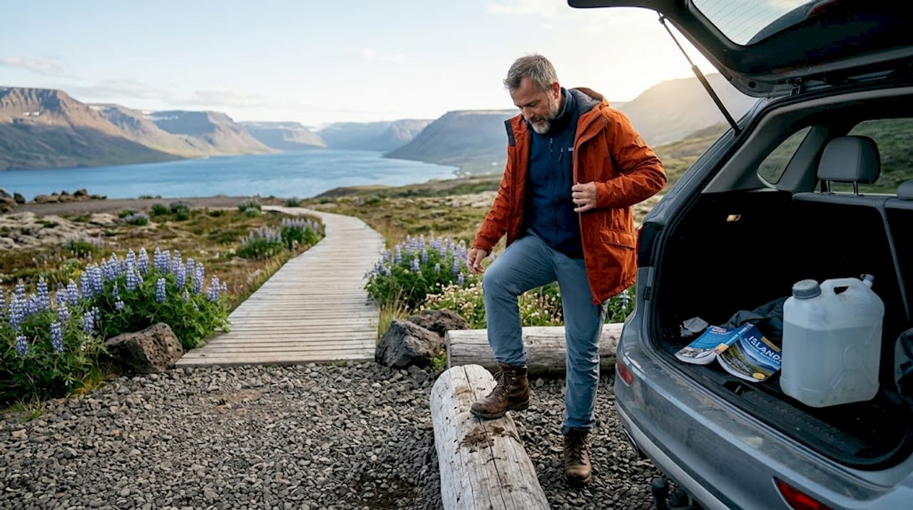Ein Mann bereitet sich am Startpunkt eines Wanderwegs in Island auf seine Tour vor.