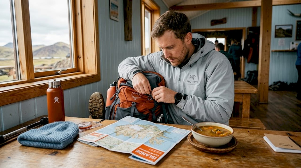 Avant de partir explorer Vík, un voyageur soigne ses préparatifs, vérifie son sac à dos et s’assure de ne rien oublier pour l’aventure qui l’attend.