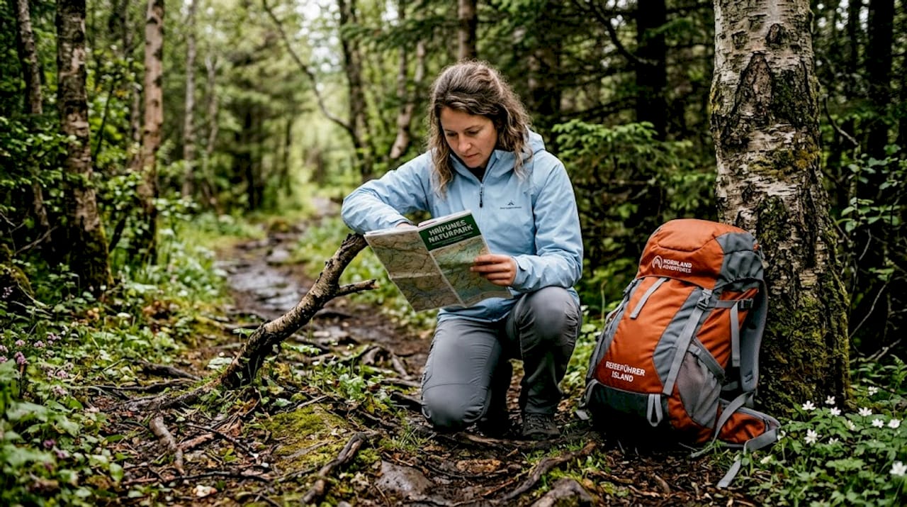Ein Wanderer studiert seine Karte im Hrífunes-Naturpark, um die nächste Route zu planen.