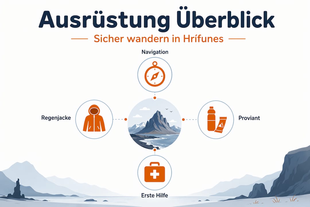 Infografik: Die wichtigsten Ausrüstungsgegenstände für Wanderungen rund um Hrífunes im Überblick – von Kopf bis Fuß