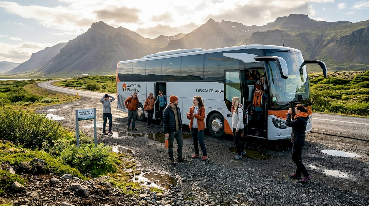 Alcuni passeggeri si sgranchiscono le gambe vicino all’autobus, lungo la Ring Road in Islanda.