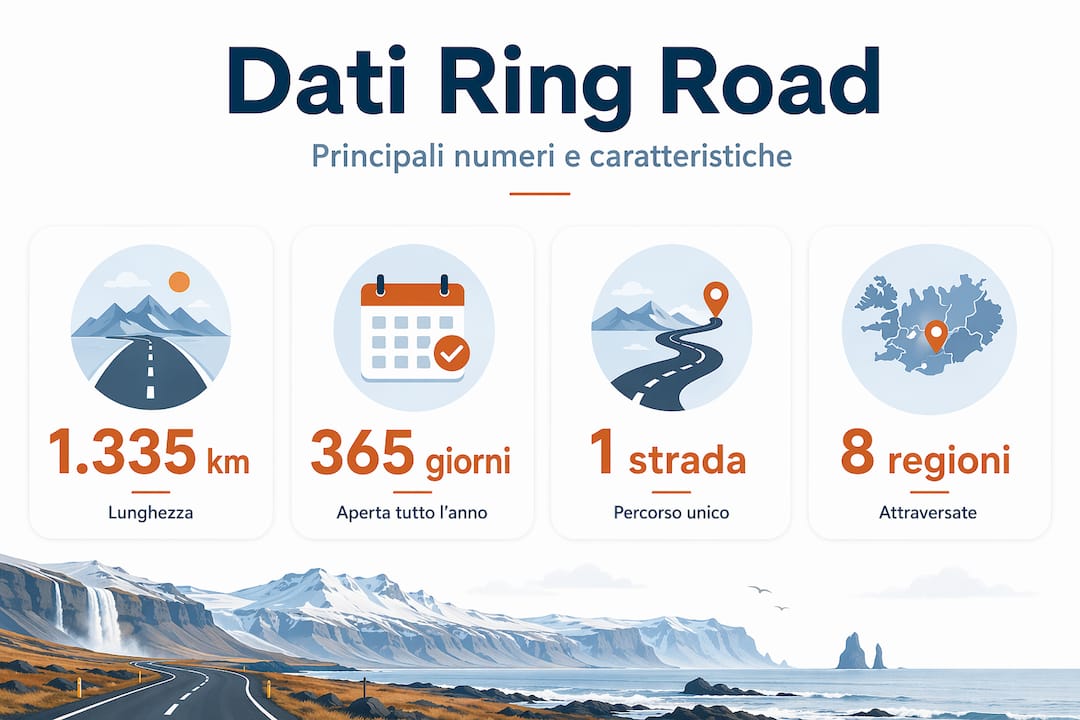 Panoramica illustrata con i principali dati sulla Ring Road in Islanda