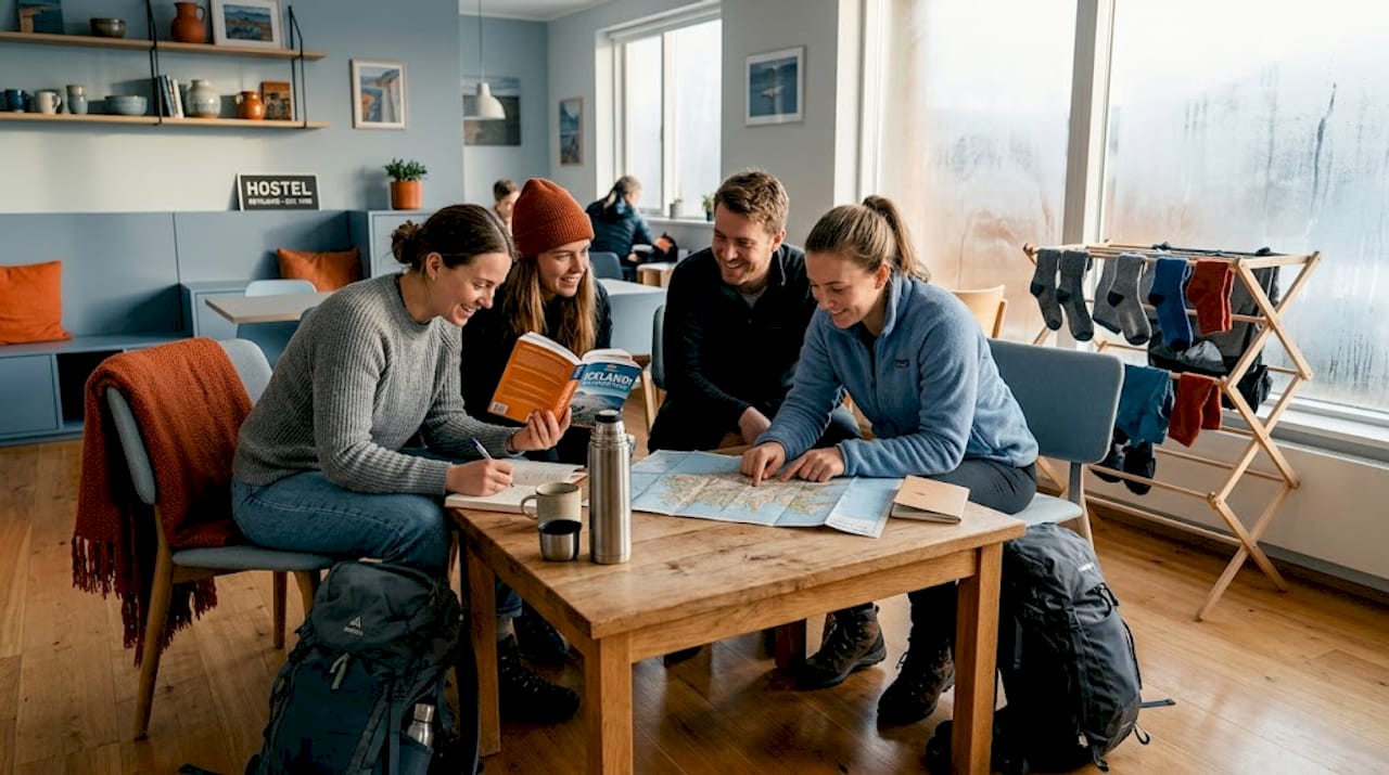 Travelers planning at hostel near waterfall