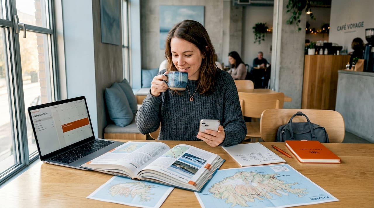 Installée à sa table de cuisine, une femme prépare minutieusement son prochain voyage en Islande.