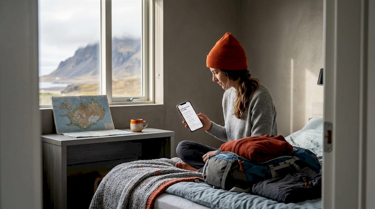 Una mujer prepara una lista de cosas imprescindibles para su viaje mientras se hospeda en un albergue de Islandia.