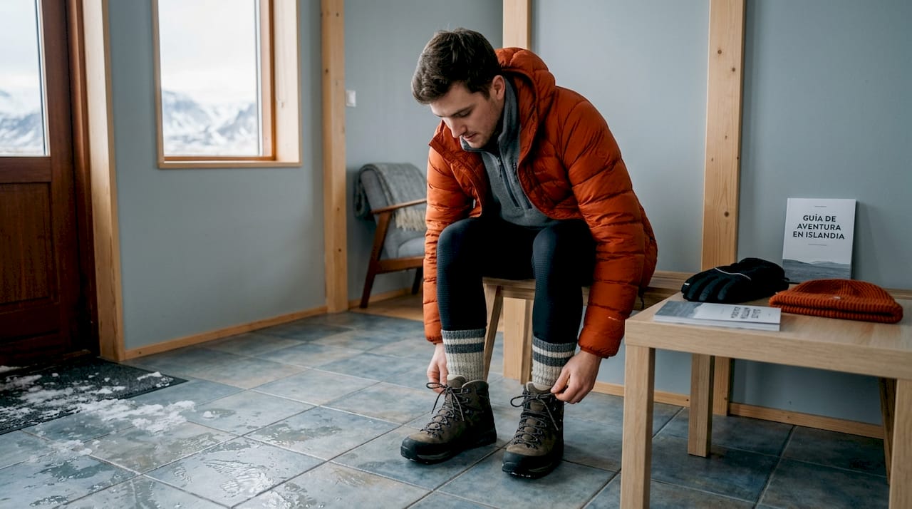 Hombre preparándose para un viaje a Islandia y poniéndose varias capas de ropa de invierno.