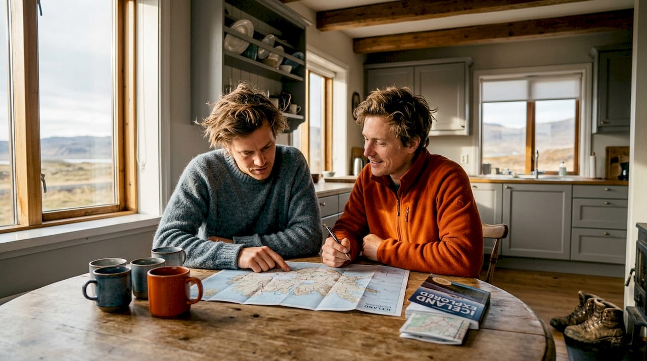 Couple trip planning together in Icelandic Airbnb