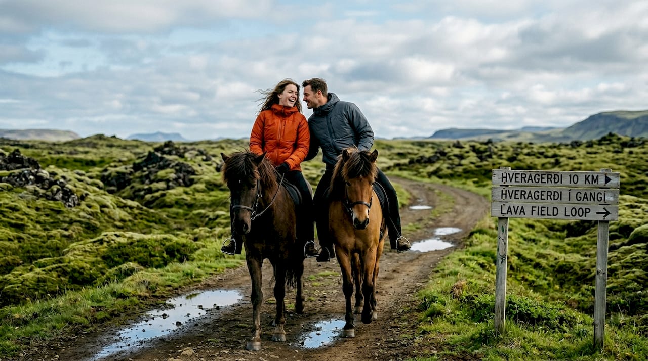 Couple horseback riding near mossy Icelandic lava fields