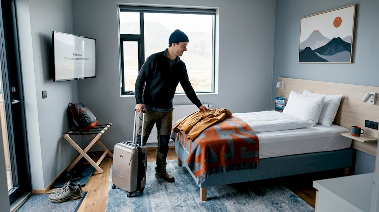 Client posant ses valises dans une chambre d’hôtel bon marché