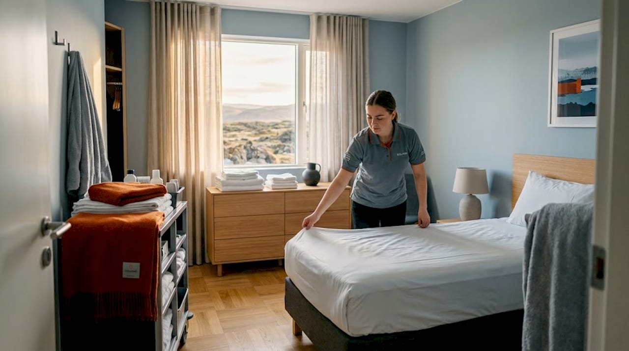 Un membre du personnel de l’hôtel en train de refaire le lit dans une petite chambre