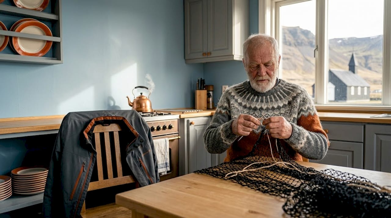 Un anziano islandese nella sua cucina a Vík