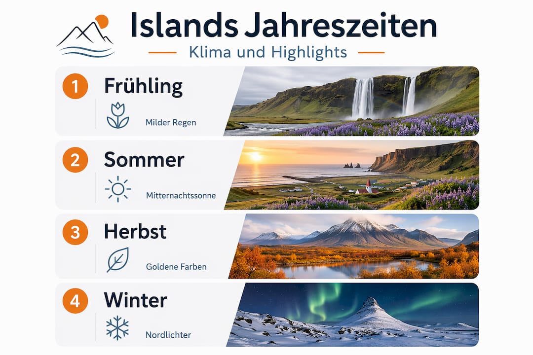 Grafische Übersicht: Island im Wandel der Jahreszeiten und Klima im Überblick