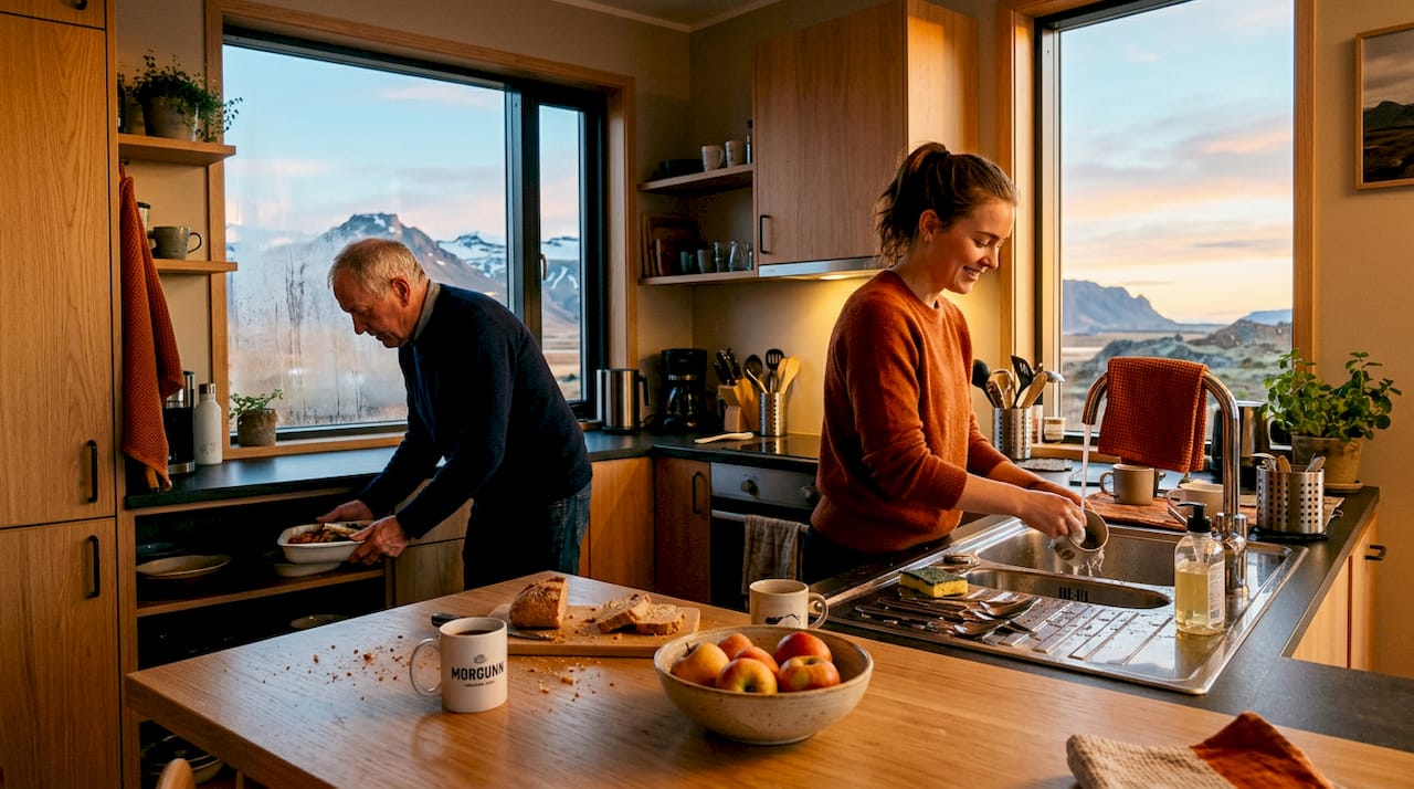 Gente preparando la comida y haciendo sus quehaceres diarios en una cocina común.