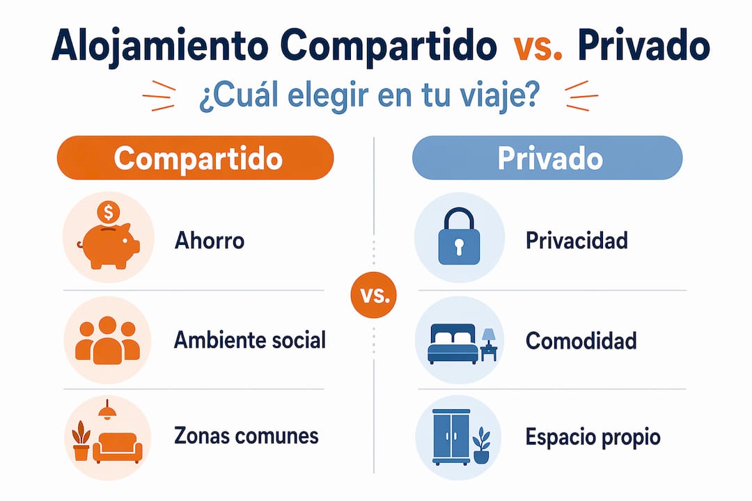 Infografía que muestra las diferencias entre alojamiento compartido y alojamiento privado