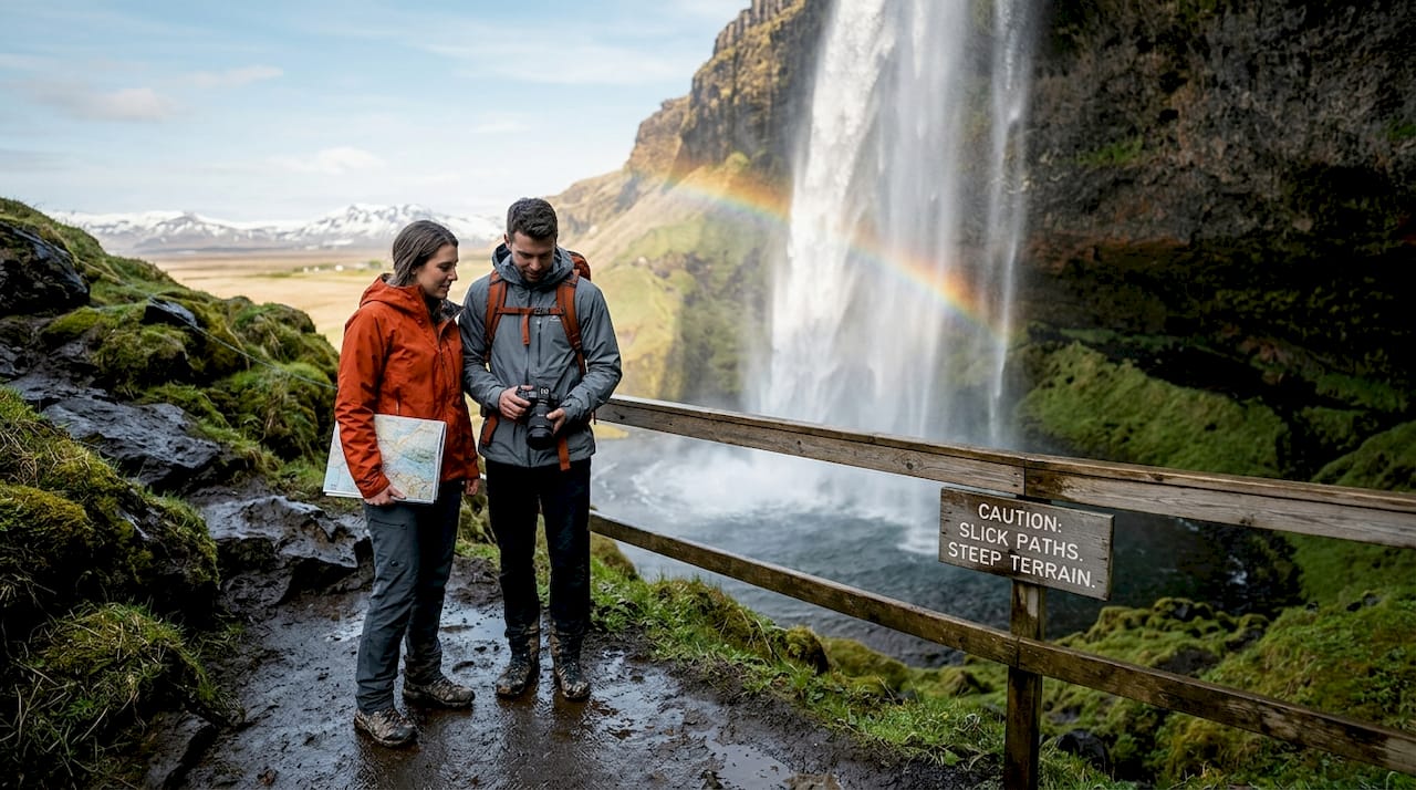 Visitors pause near Seljalandsfoss base in Iceland