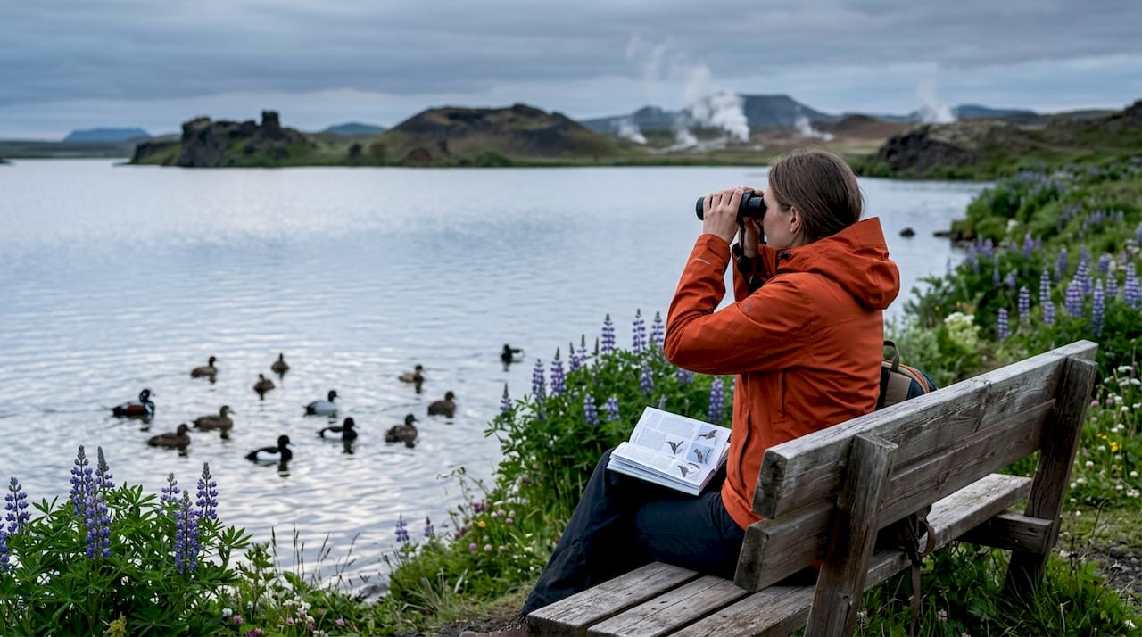 Am Ufer des Mývatn-Sees beobachtet eine Frau fasziniert die zahlreichen Vögel.