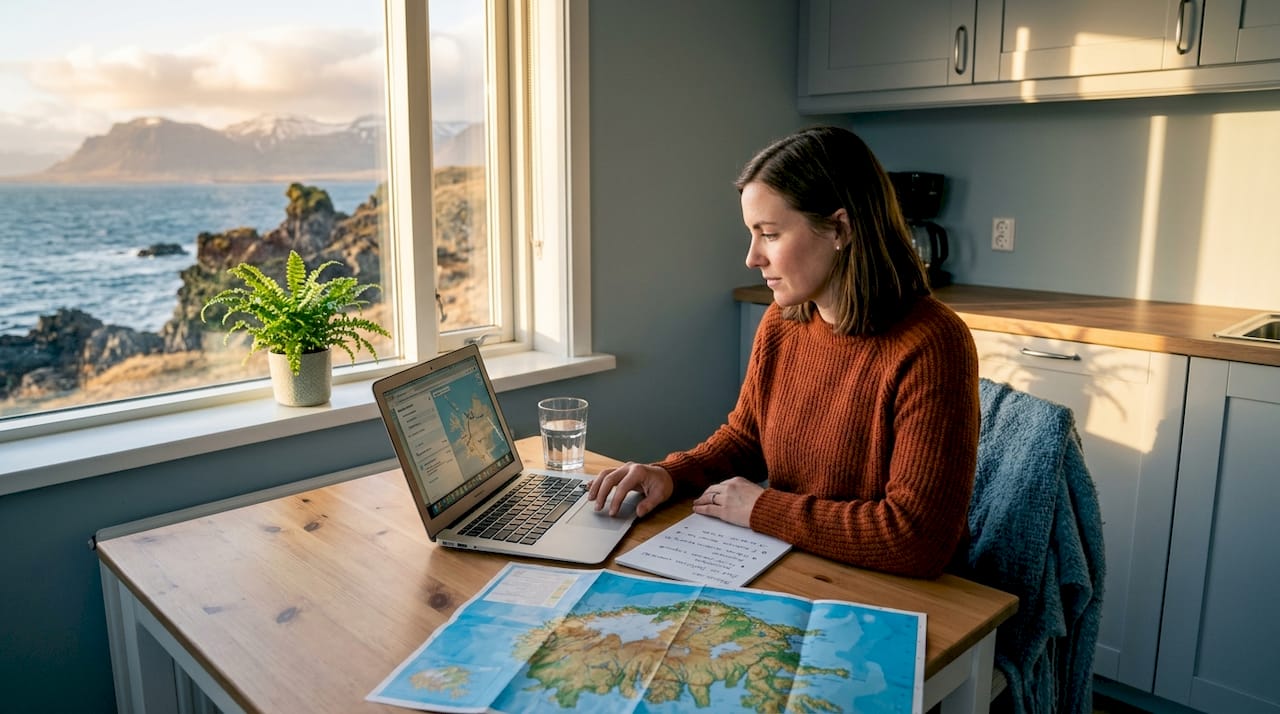 Traveler checking hotel location on laptop