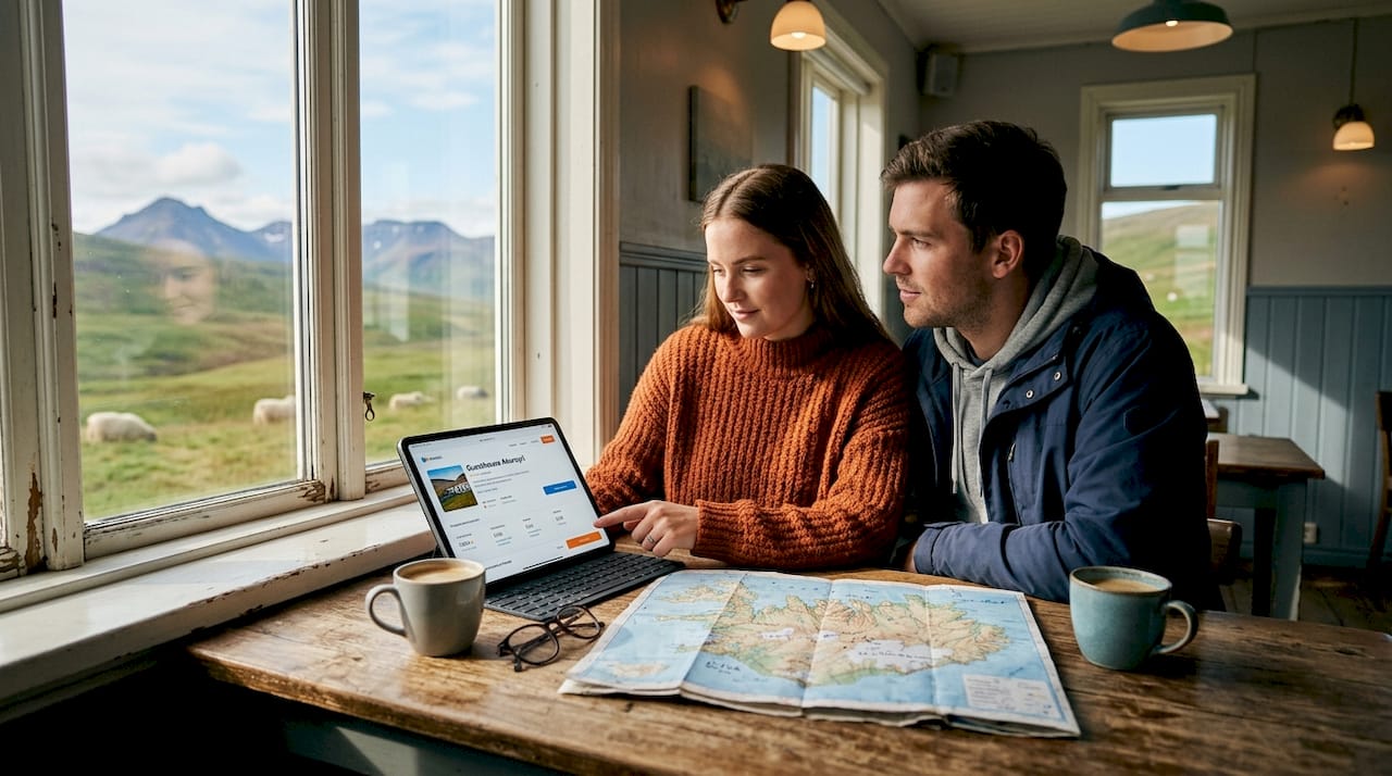 Couple comparing urban and rural lodging options