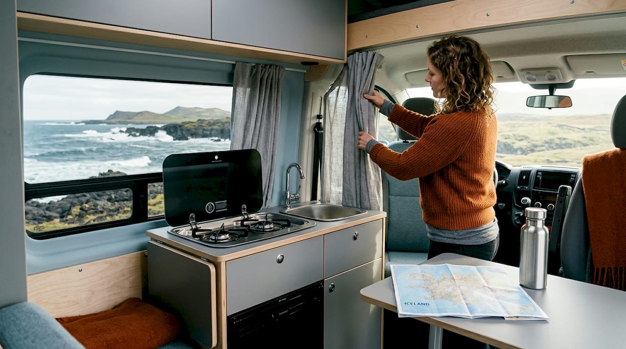 Así luce el interior de una furgoneta camper durante una ruta por carretera