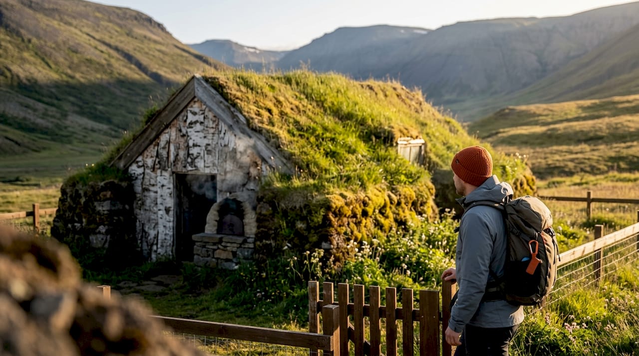 Ein traditionelles isländisches Torfhaus eingebettet in die ursprüngliche Natur.
