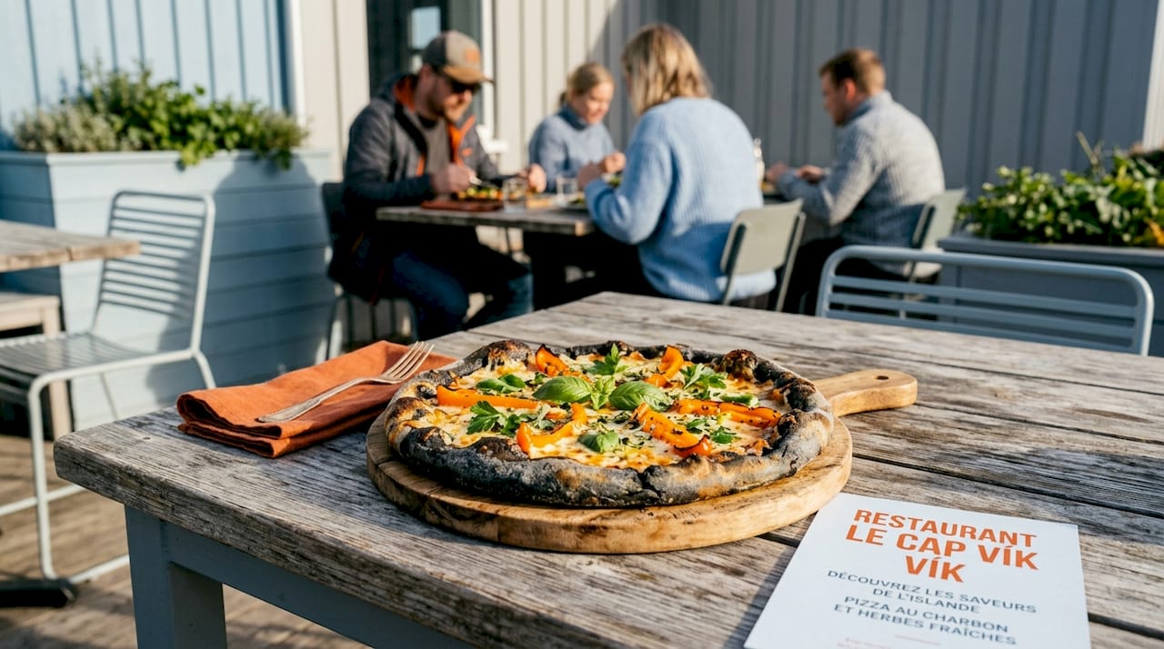 Une pizza à la pâte noire au charbon, servie sur une planche en bois dans un café branché.