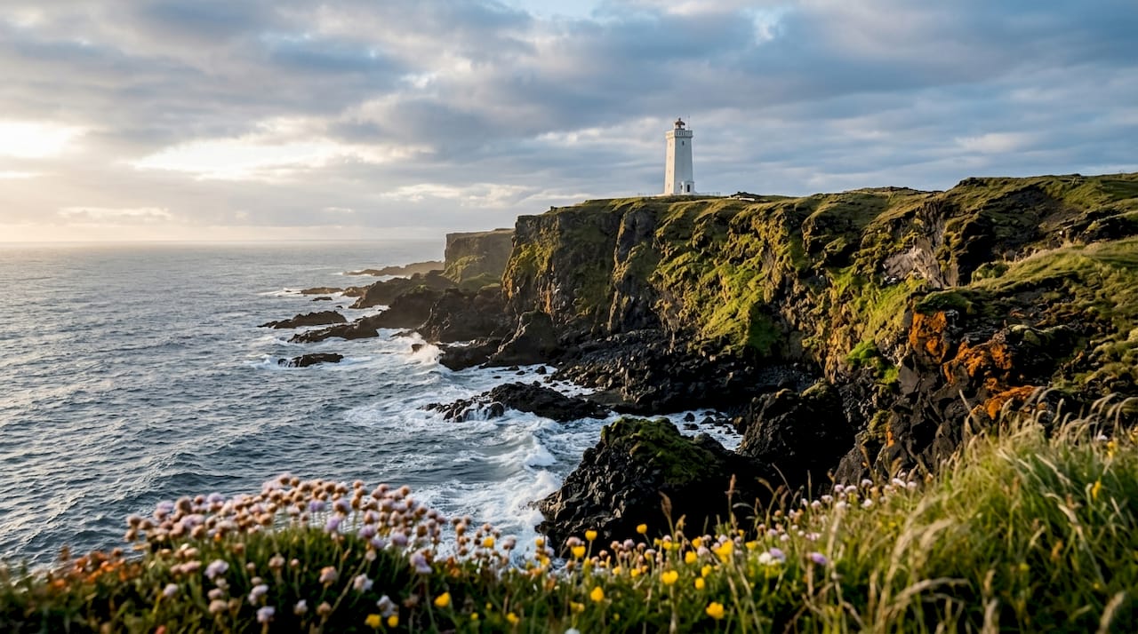 Dyrhólaey lighthouse on volcanic coastal cliffs