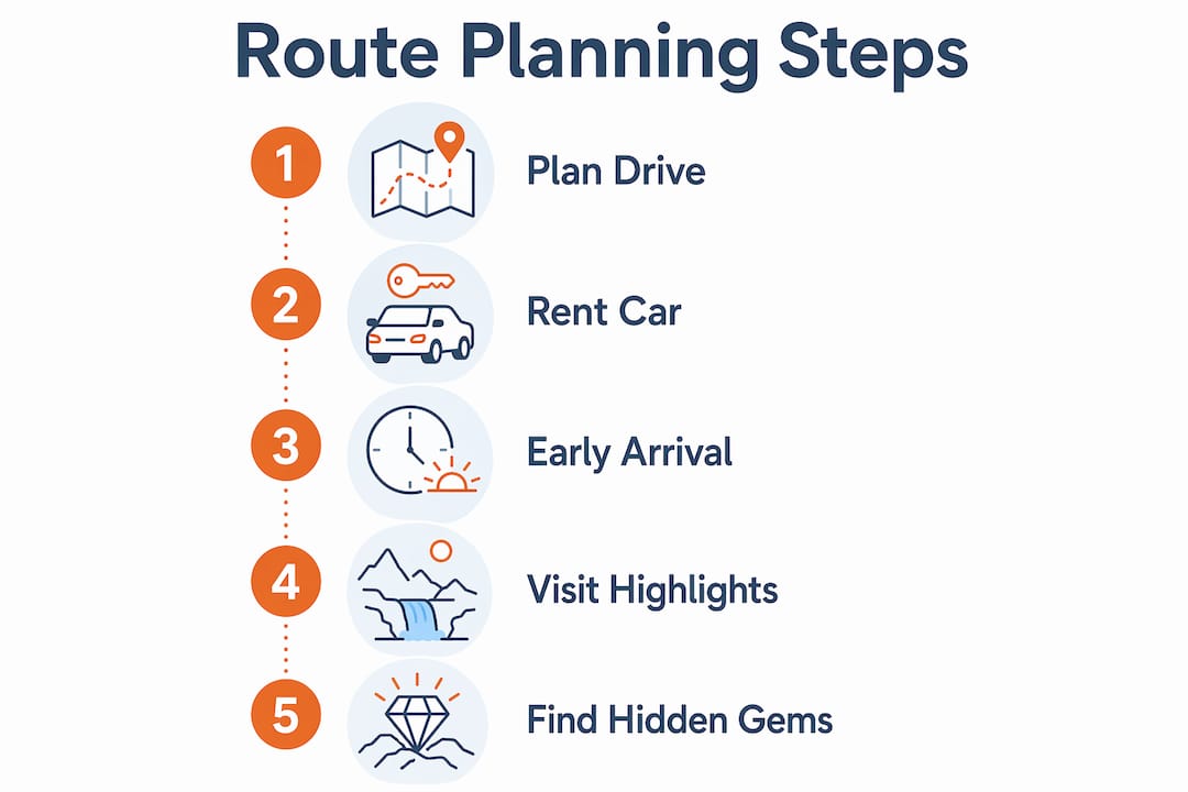 Infographic illustrating steps to plan scenic spots route near Vík