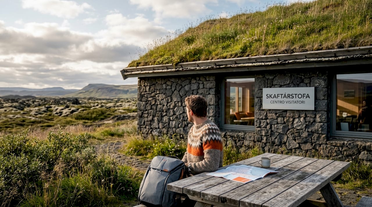 Facciata di un edificio ecosostenibile immerso nel suggestivo paesaggio vulcanico islandese.