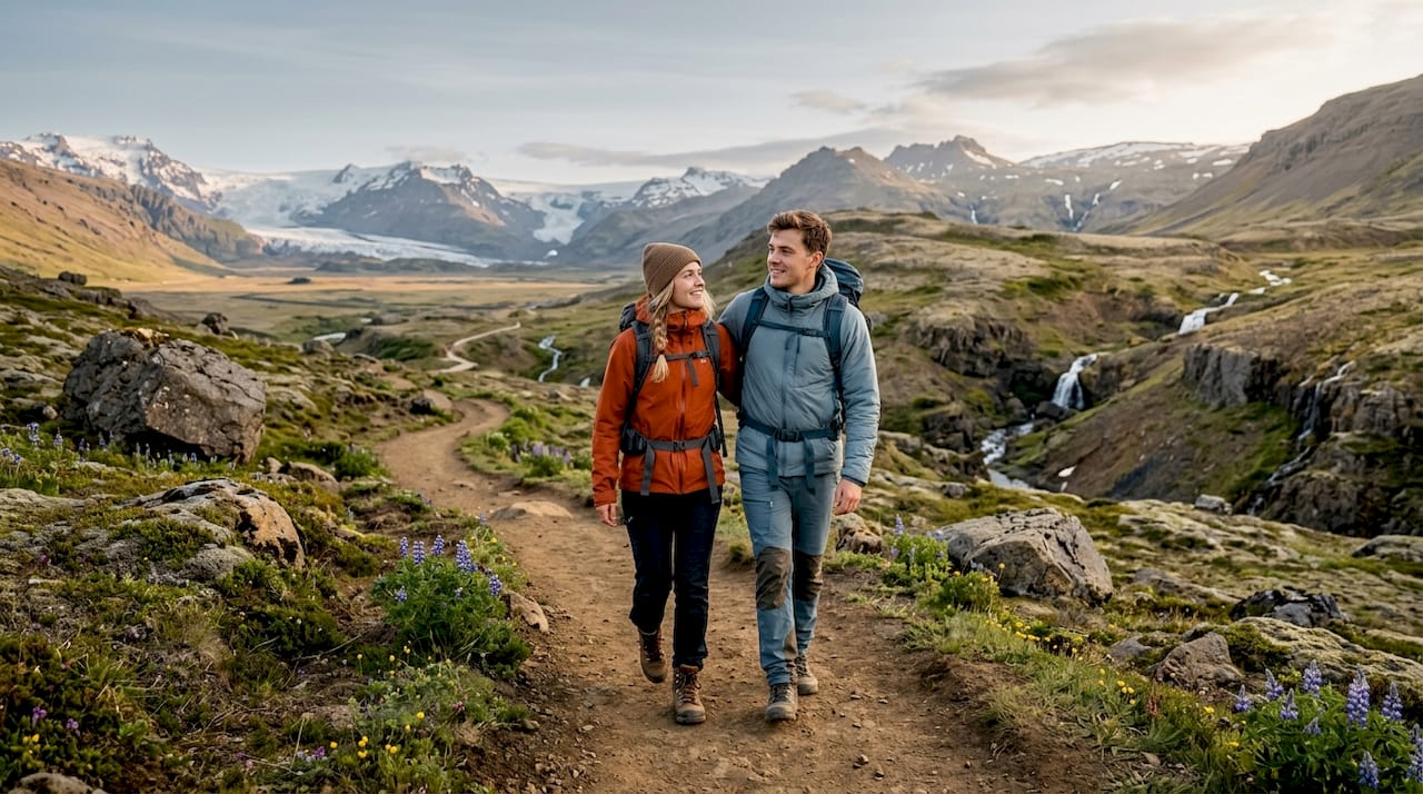 Una pareja pasea tranquilamente por un valle solitario de Islandia, lejos de las rutas habituales.