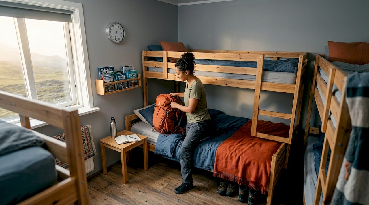 Solo traveler in hostel dorm room