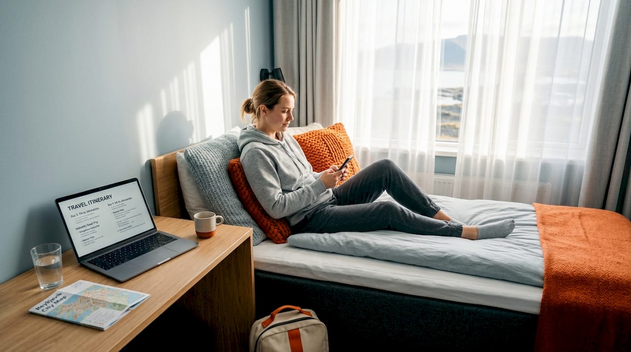 Solo traveler in hotel single room