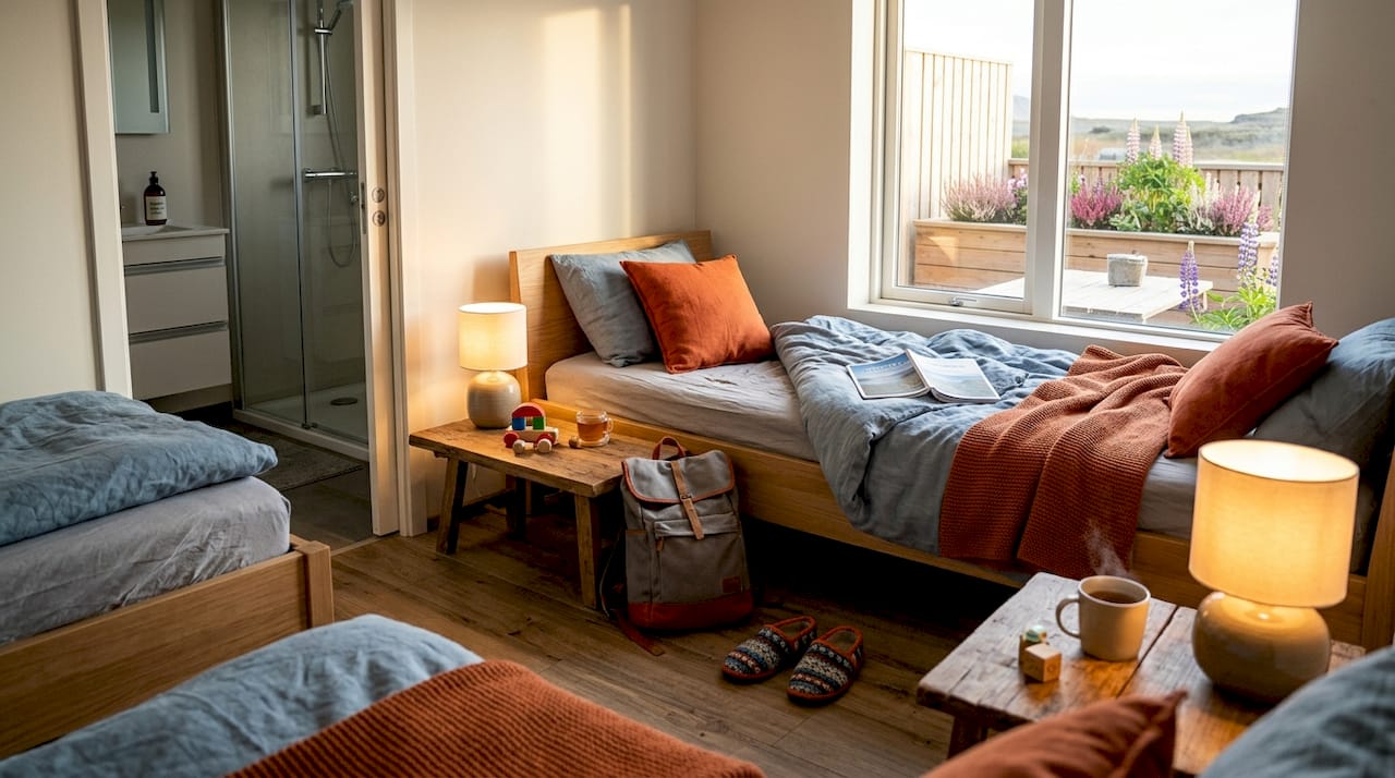Grande chambre familiale équipée de plusieurs couchages et d’une salle de bain privative.