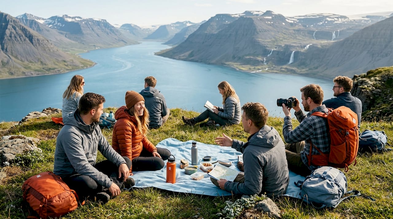 Eine Gruppe genießt ein einzigartiges Naturerlebnis am Ufer eines isländischen Flusses.