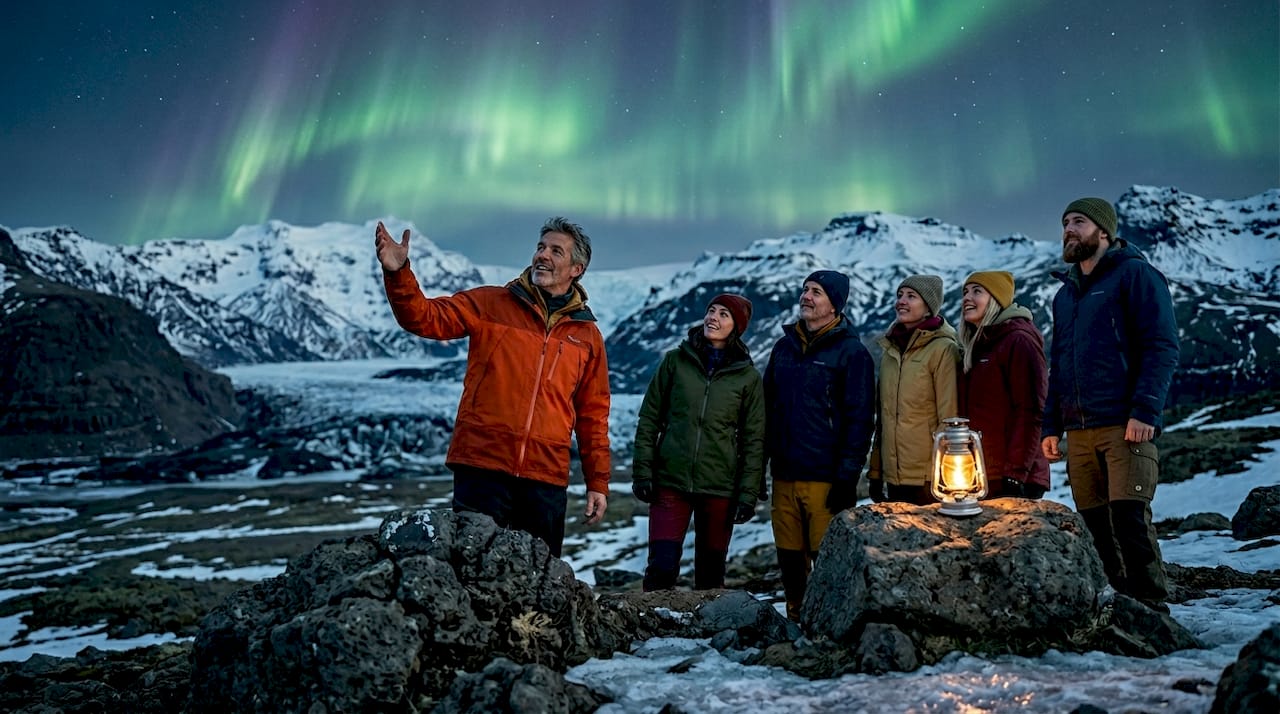 Gemeinsam mit ihrem Reiseleiter staunt die Gruppe über das faszinierende Nordlicht am isländischen Himmel.