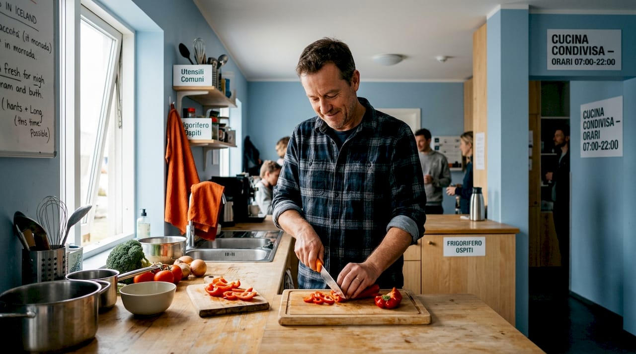 Un viaggiatore prepara i suoi pasti nella cucina condivisa dell’ostello.