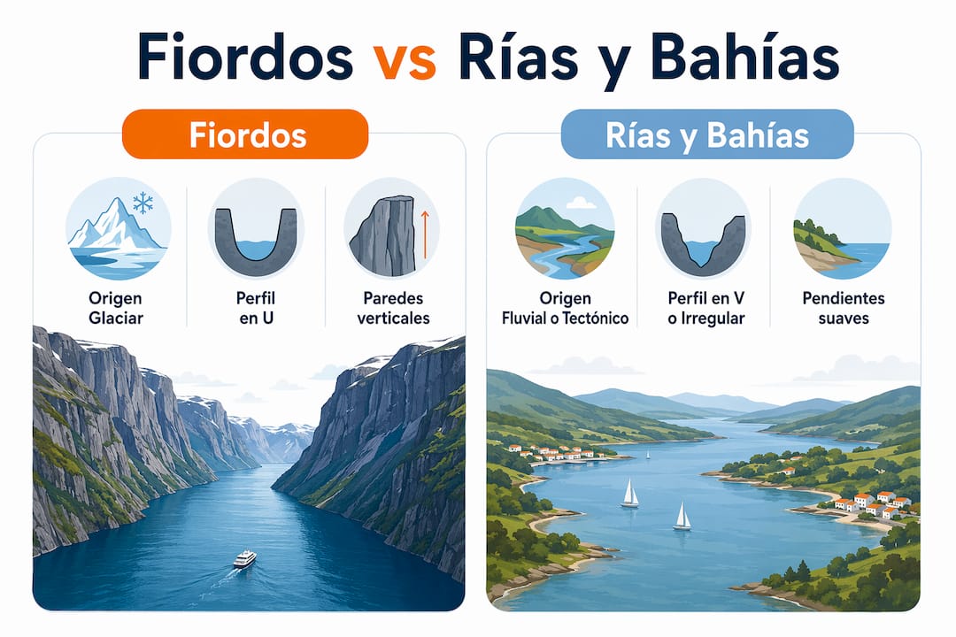 Infografía que muestra las diferencias entre fiordos, rías y bahías
