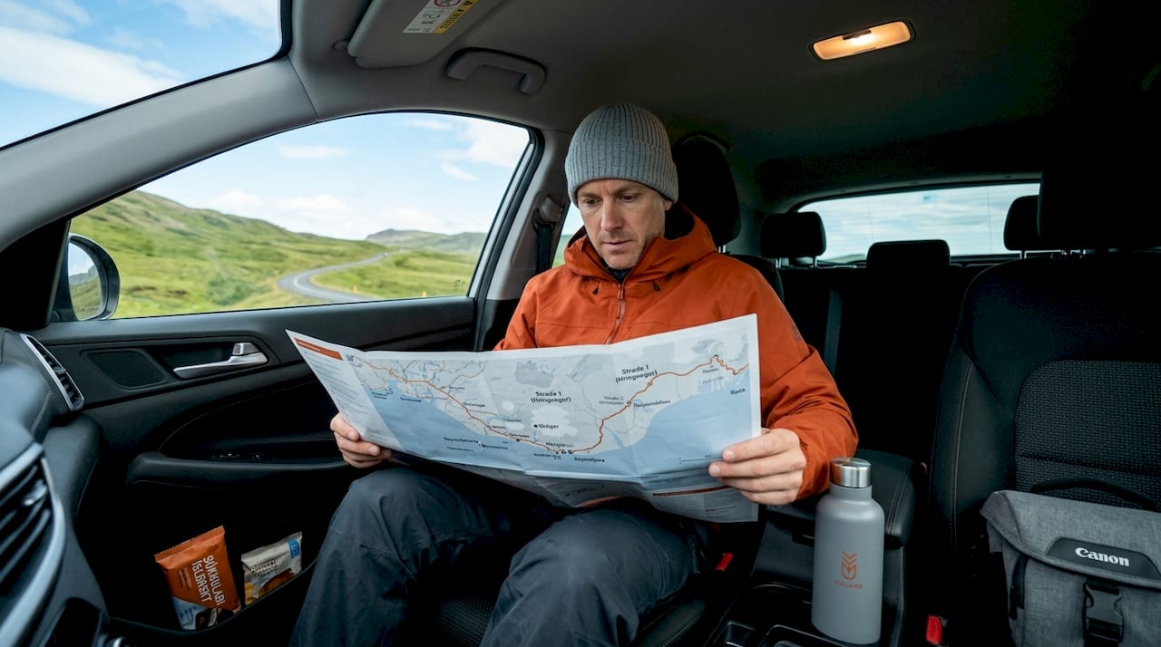 Un viaggiatore si ferma in auto lungo la costa islandese per orientarsi sulla mappa.