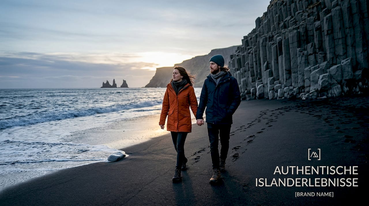 Ein Paar spaziert am schwarzen Lavastrand von Vík entlang.