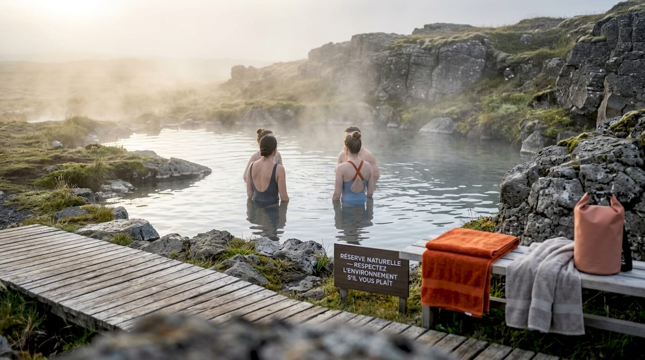 Bain matinal dans une source chaude islandaise